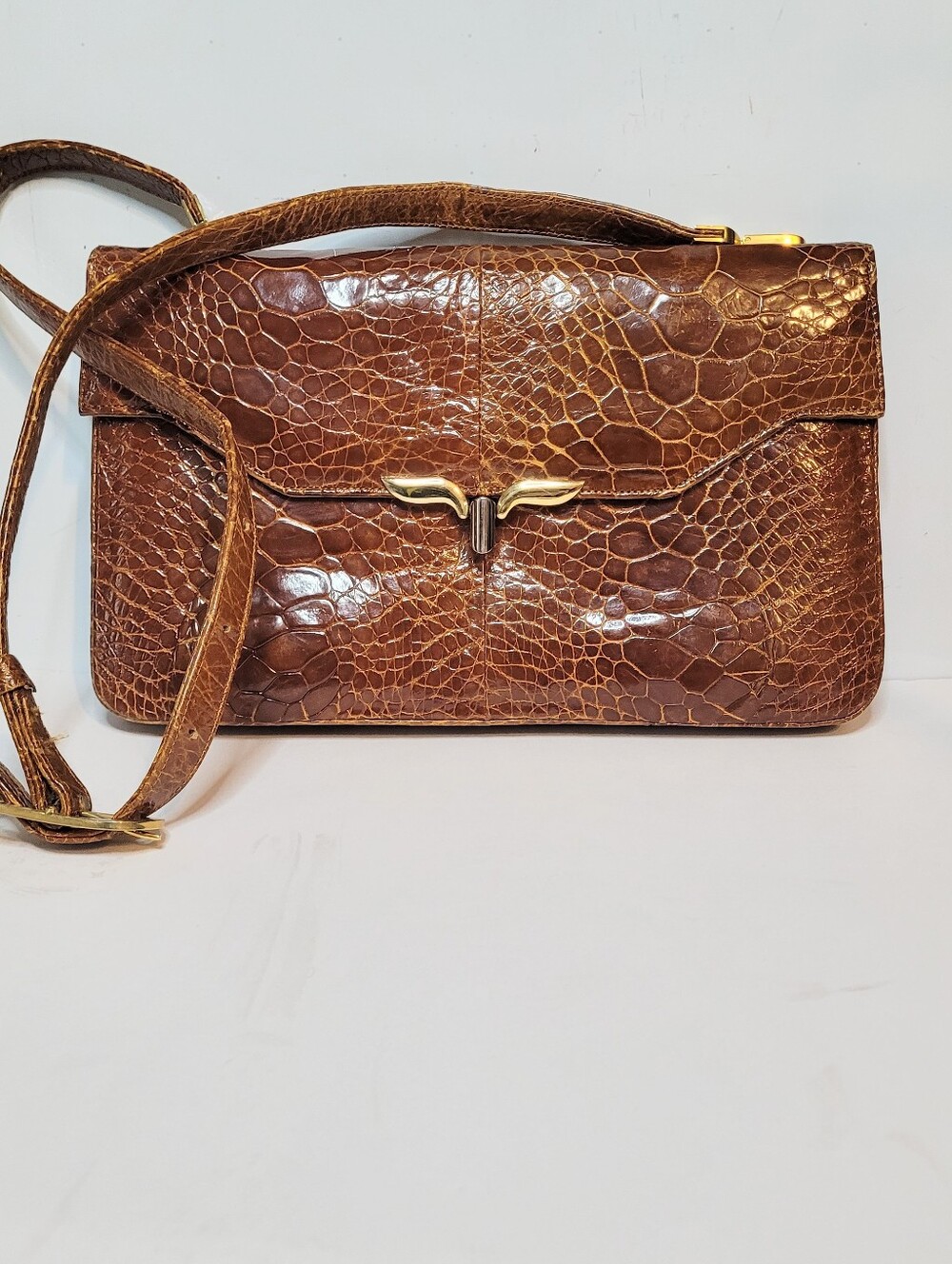 Vintage Crocodile Embossed Leather Shoulder Bag